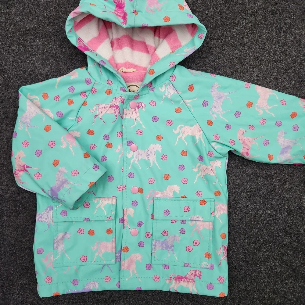 Hatley‎ Girls 18-24 Months Blue Horse Flower Snap Button-Up Rain Jacket Hooded
